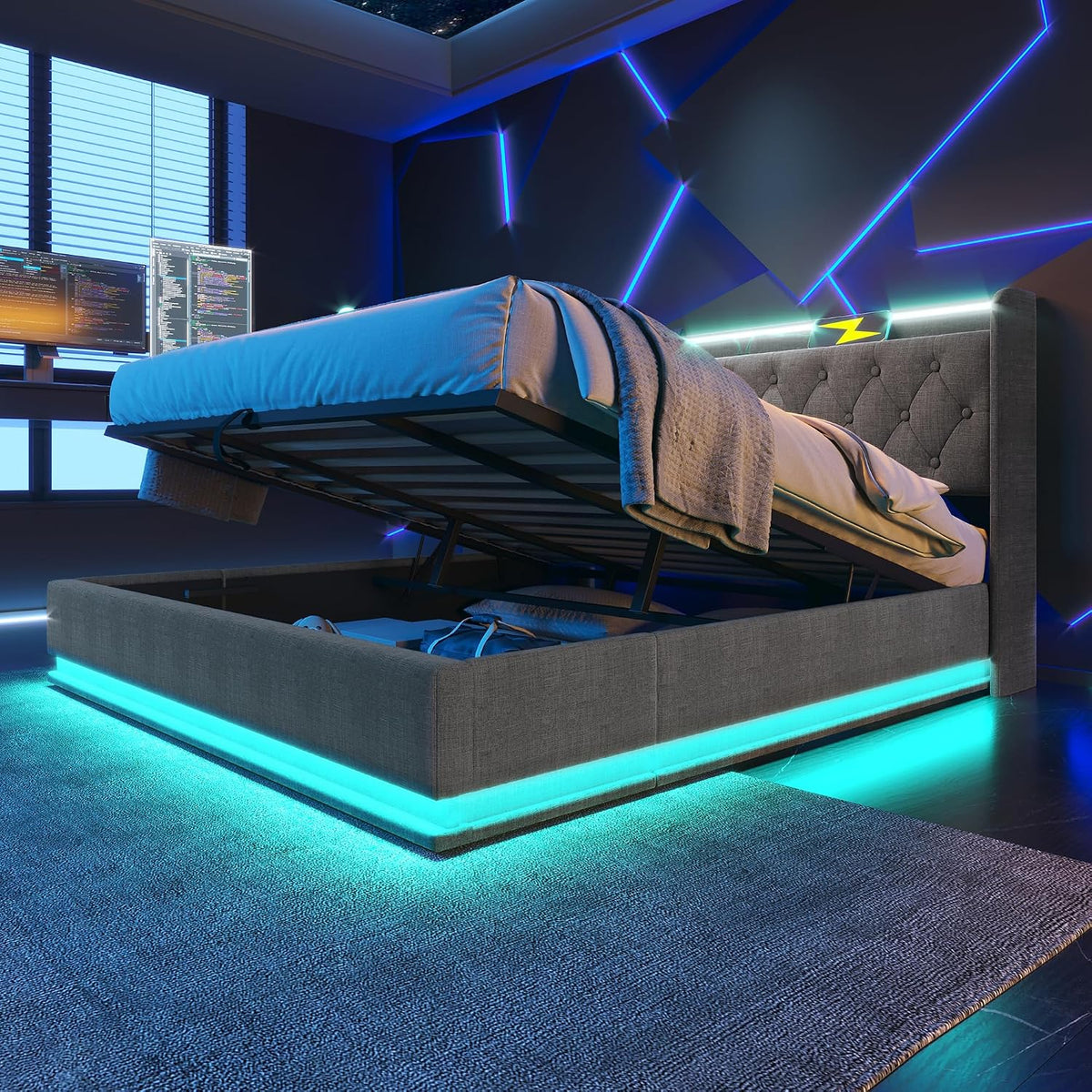 MYBOO Matratze, Grau/Blau, Polsterbett Doppelbett 180x200, LED Jugendbett Hydraulisch Stauraumbett Funktionsbett