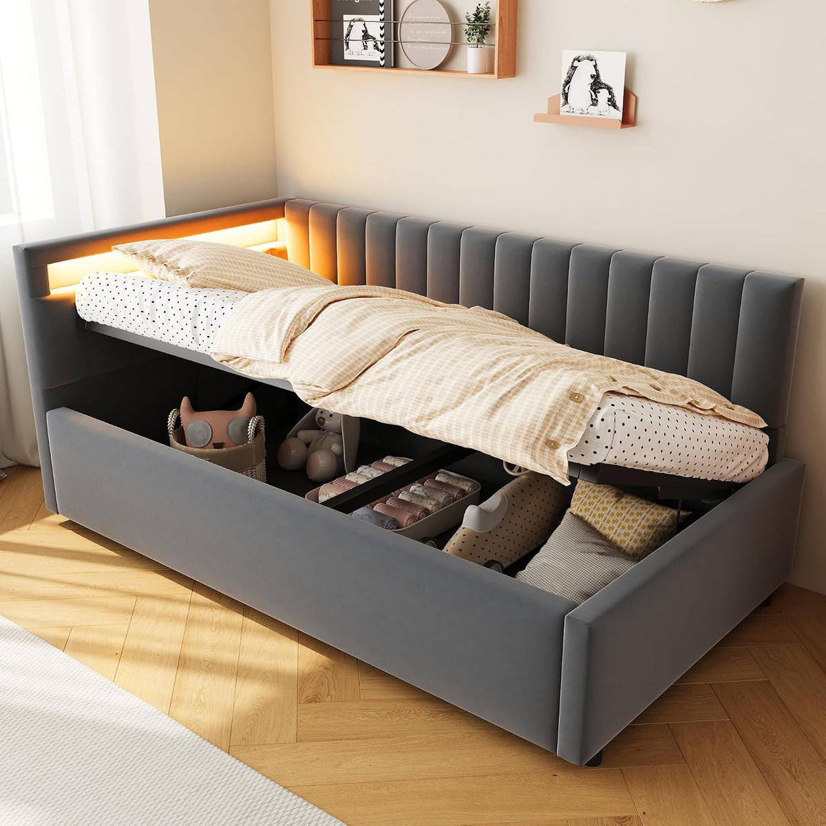ANIROY Matratze, 90 x 200 cm, Dunkelgrau, Kinderbett Polsterbett, Schlafsofa Einzelbett mit LED und Hydraulischem Stauraum