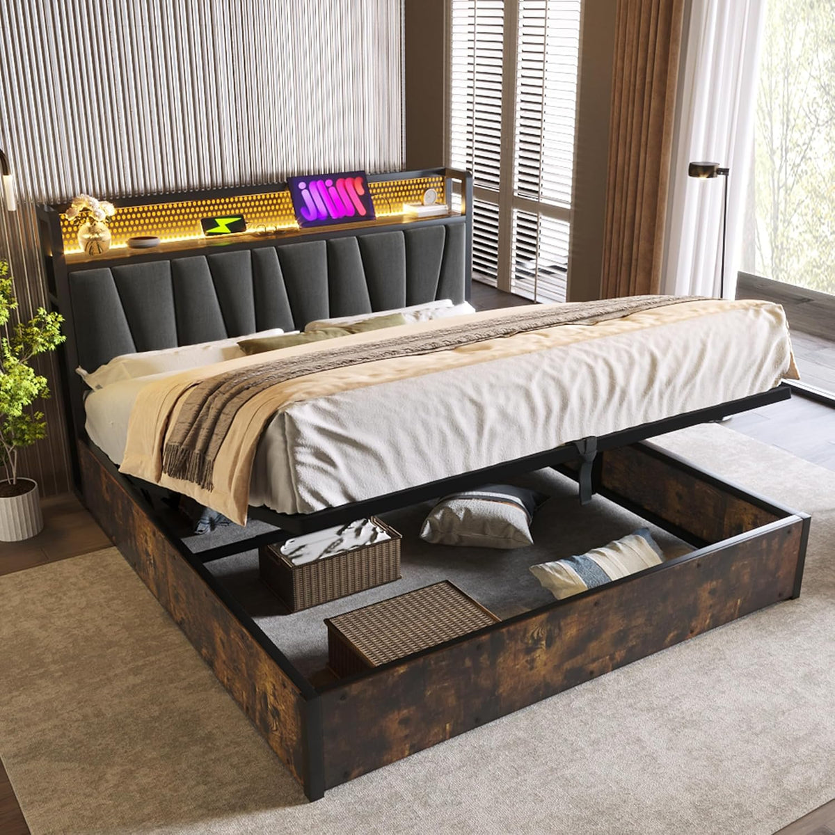 EINHOM Matratze, 180x200 cm, Grau/Braun, Bett, Polsterbett mit LED-Beleuchtung, Doppelbett mit Aufladen-USB-Ladefunktion Kopfteil