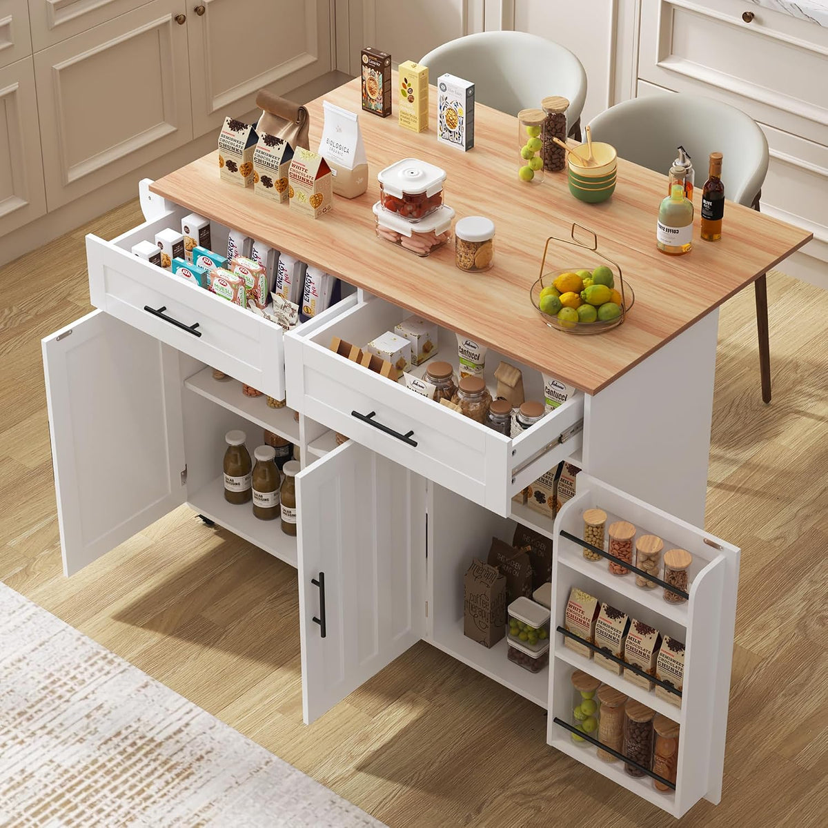 Huayz Kühlschrank, 129×71×91.5 cm, Weiss/Holz, kücheninsel freistehend mit Klappbarer arbeitsplatte, mit Ablage und 2 Schubladen