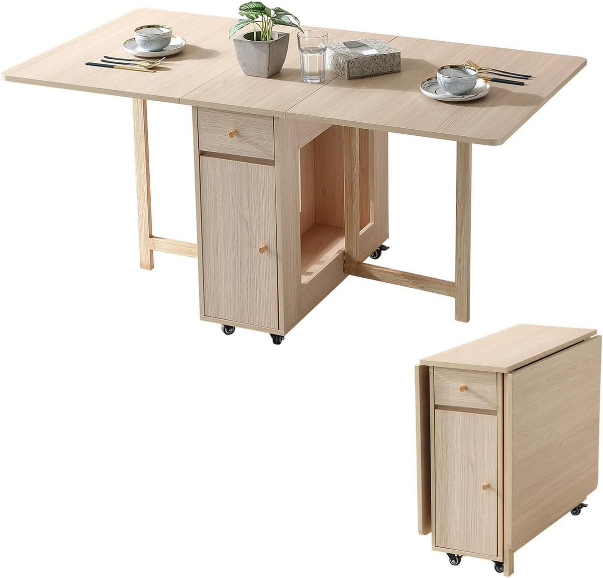 COMUHOME Esstisch, Holz, Ausziehbarer klappbarer mit 2 Schubladen und 4 Rädern, für Wohnzimmer, Küche, Bauernh