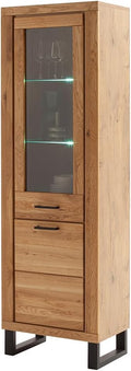 Lomadox Vitrine, 63 cm, Eiche/Schwarz, Wohnzimmer Vitrinenschrank mit Beleuchtung, breit, Eiche teilmassiv, 1 Glastür & 1 Holztür