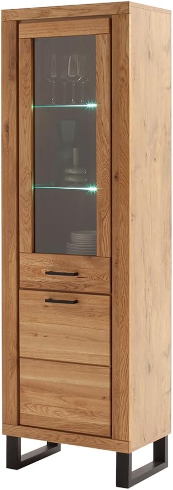 Lomadox Vitrine, 63 cm, Eiche/Schwarz, Wohnzimmer Vitrinenschrank mit Beleuchtung, breit, Eiche teilmassiv, 1 Glastür & 1 Holztür