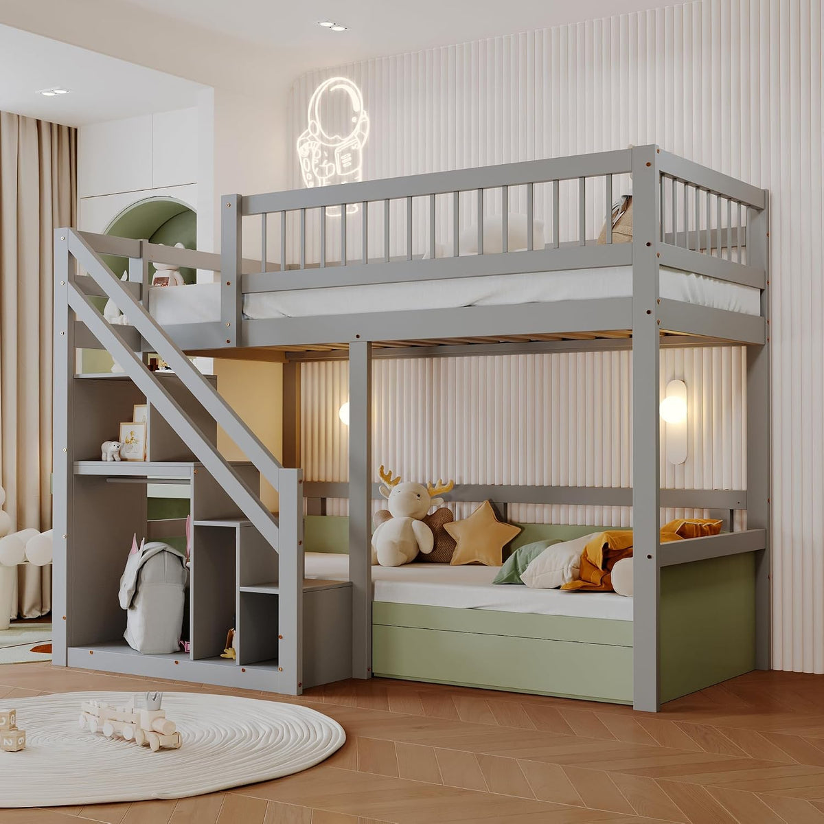 Sofa MOBETTRES, 200 cm, Grau, Massivholzbett, Treppe mit Aufbewahrungsschrank, Kinderbett, Jugendbett, Einzelbett