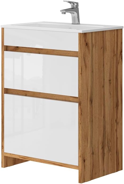 Vicco Unterschränke, 59.6 cm, Der Badunterschrank besteht aus pflegeleichter, melaminharzbeschichteter 16 mm Spanplatte, Weiss/Braun