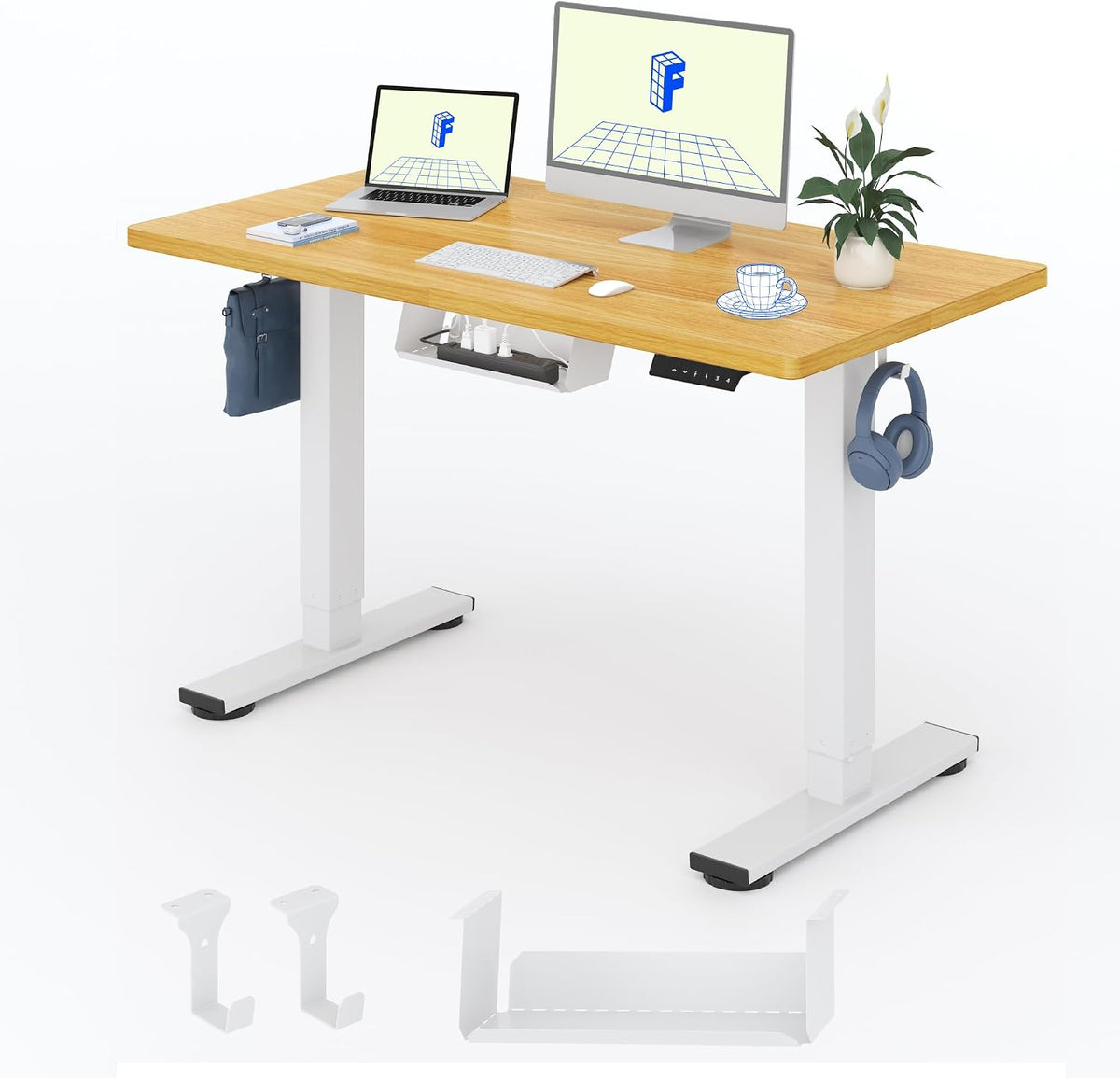 FLEXISPOT Schreibtisch, 120x60 cm, Ahorn/Weiss, Höhenverstellbarer Basic, Mit Kabelmanagement, Haken und EINTEILIGER Tischplatte