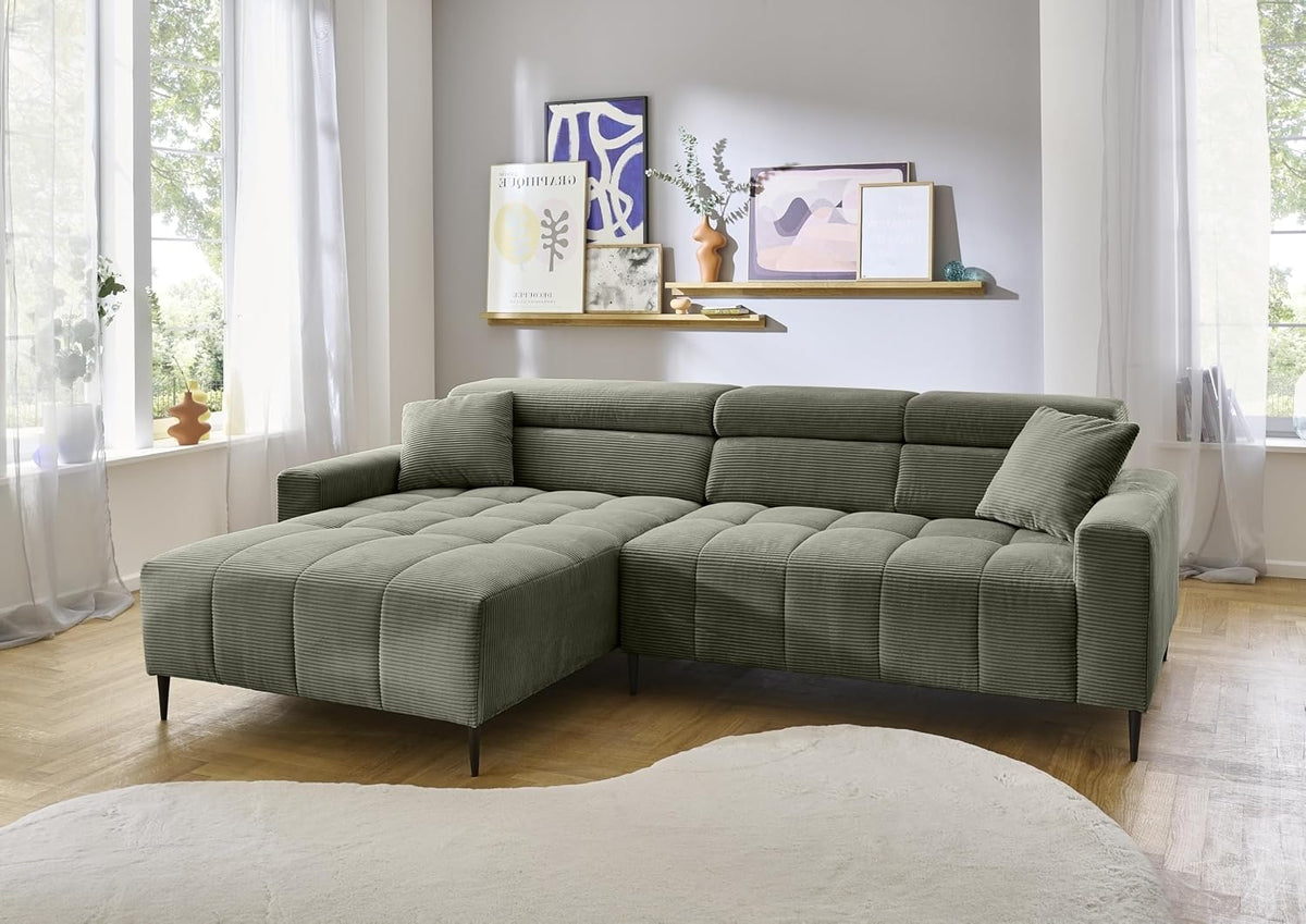 Sofagarnituren möbelando, 100x180 cm, Grün/Schwarz, Wohnlandschaft>Stanislaw< in grün, Ottomane links, elektrische Sitztiefenverstellung
