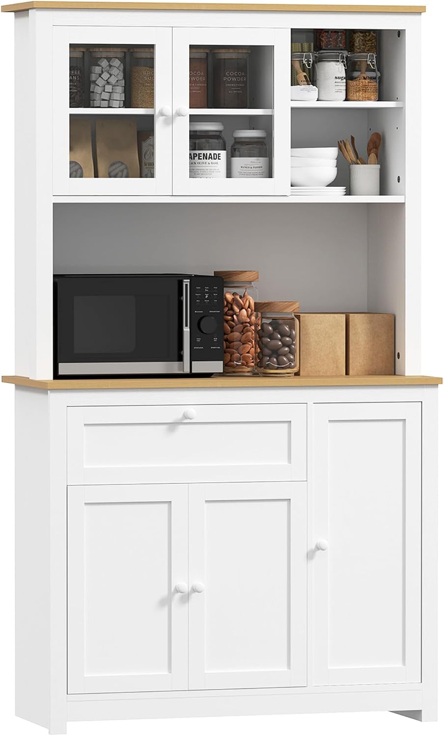 HOMCOM Mikrowelle, 100 x 40 x 180 cm, Weiss, Küchenschrank Hochschrank mit Arbeitsplatte, 5 Türen und Schublade Vorratsschrank Aufbewahrungsschrank