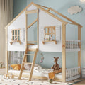 MYBOO Matratze, Weiss/Natur, Kinderbett Etagenbett 90x200, Hochbett Hausbett mit Leiter&Fenstern&Dach&Regalen, Kiefer