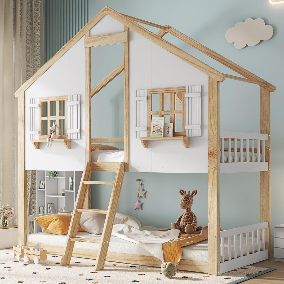 MYBOO Matratze, Weiss/Natur, Kinderbett Etagenbett 90x200, Hochbett Hausbett mit Leiter&Fenstern&Dach&Regalen, Kiefer