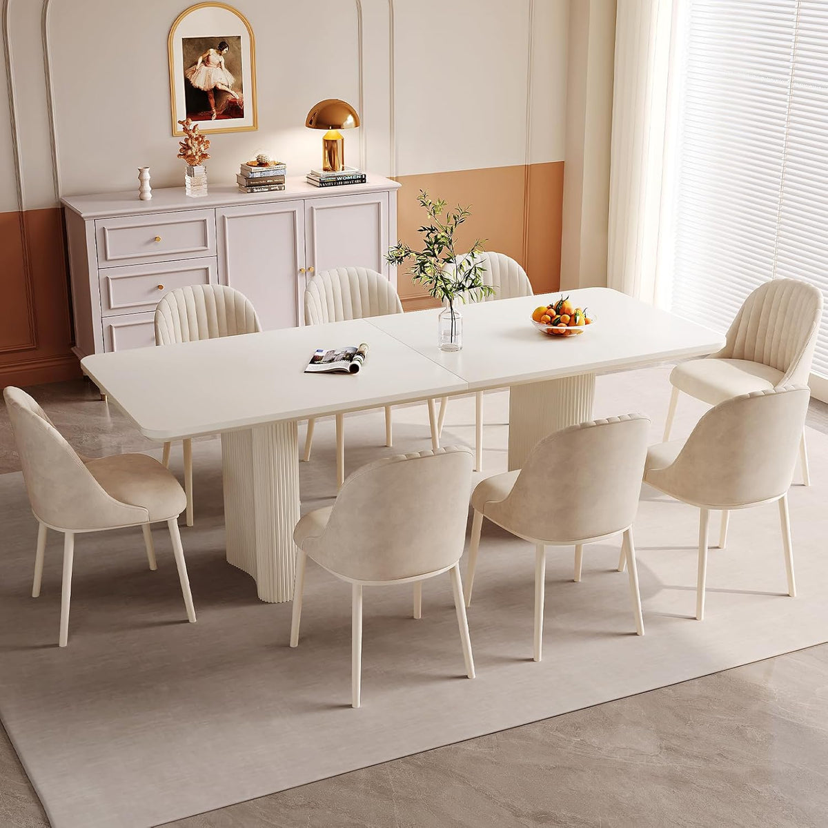 Guyii Esstisch, 200CM, Weiss/Beige, Esszimmer Set 9-teilig - mit weissen Stühlen, Elegante Küchenstühle, Moderne Esszimmermöbel