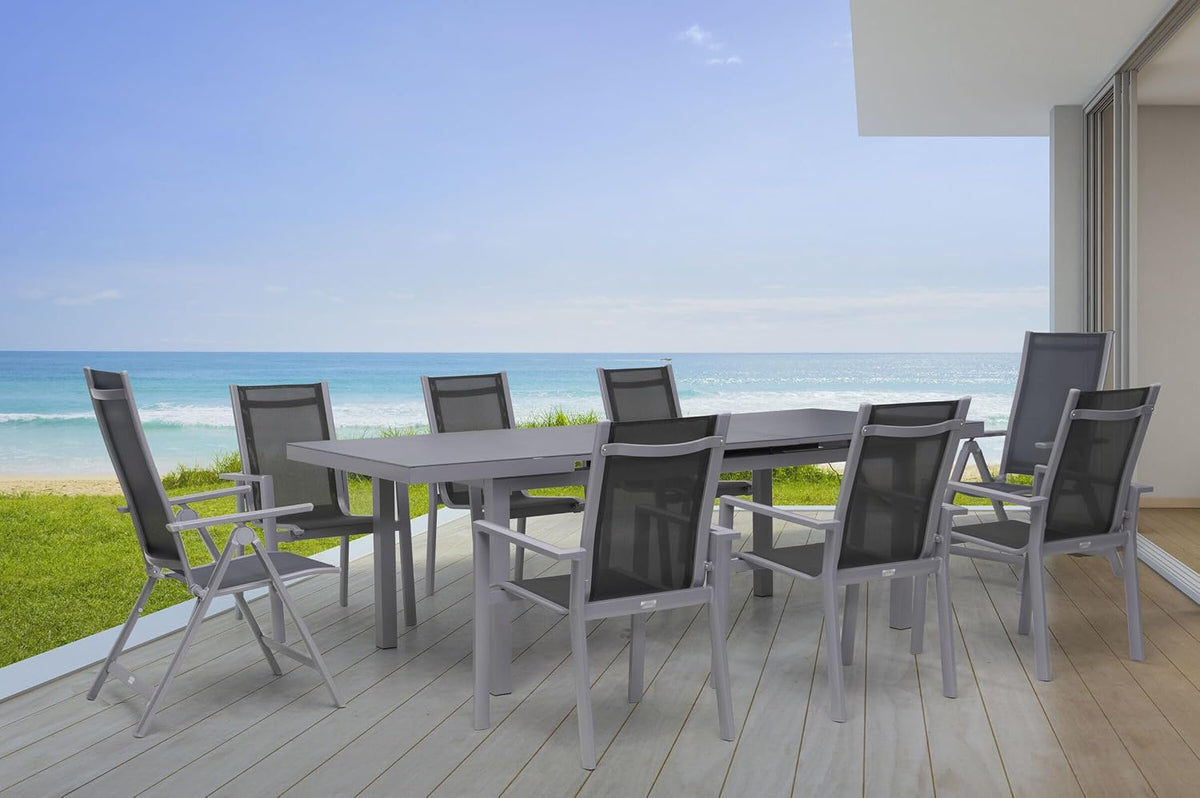 OUTFLEXX Essgruppe, 240 x 100 cm, Silber/Grau, Premium Garten-, Alu/Textilene, Ausziehtisch 180/, 6 Stapel-, 2 Klappstühle