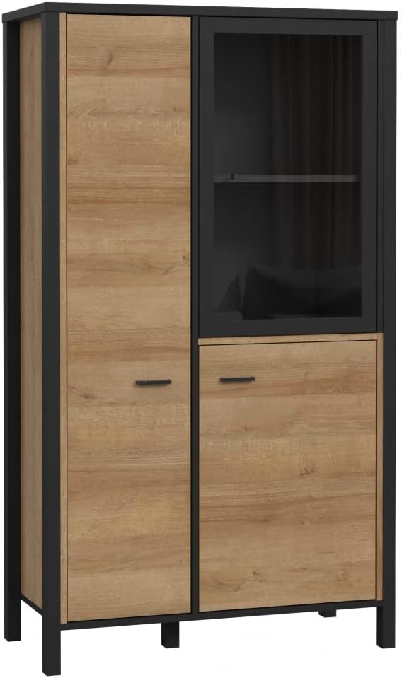 Forte Vitrine, 86.3 x 152.3 x 40.2 cm, Schwarz/Riviera Eiche, HIGH ROCK mit 2 Türen und 1 Glastür, Holzwerkstoff