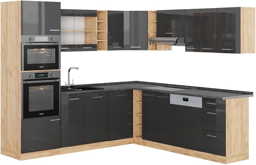 Vicco Küchenzeile, 247 x 60 cm, Die Winkelküche besteht aus pflegeleichter Spanplatte 16 mm, mit einer Melaminharzbeschichtung