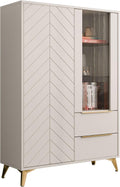 Mirjan24 Vitrine, Sandbeige, Xylix 2D2SZ, Standvitrine mit geriffelte Fronten, goldene Griffe und Füsse, Vitrinenschrank für Wohnzimmer
