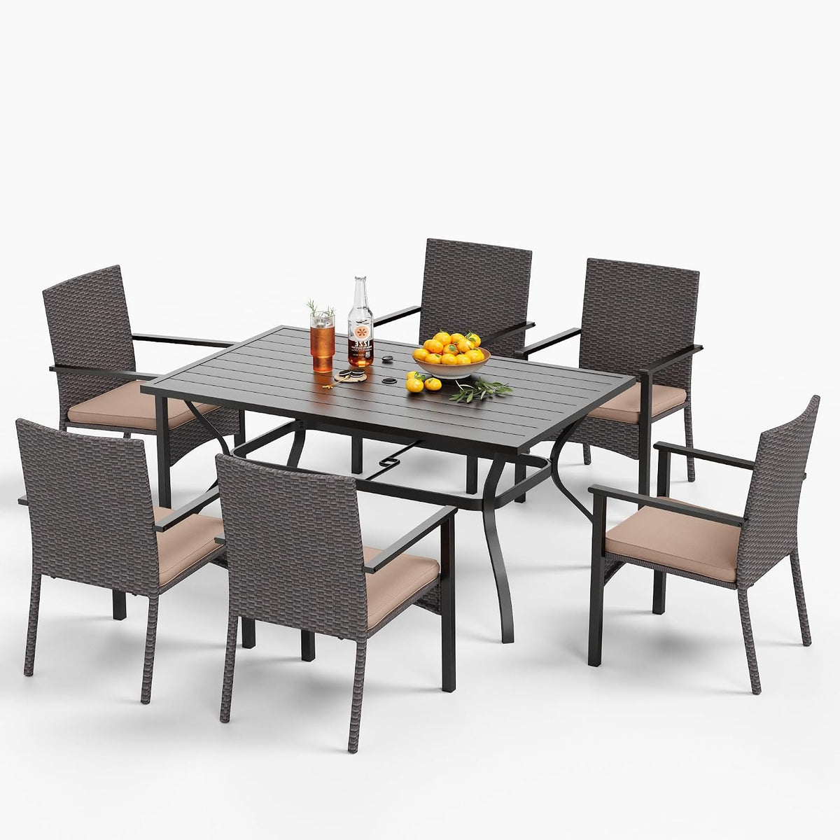 MFSTUDIO Gartenmöbel-Set, 5 cm, Grau/Beige, Rattan Gartenmöbel Set, Terassenmöbel Aussen, Rechteckiger Gartentisch mit Verstellbarem Schirmloch(4- )