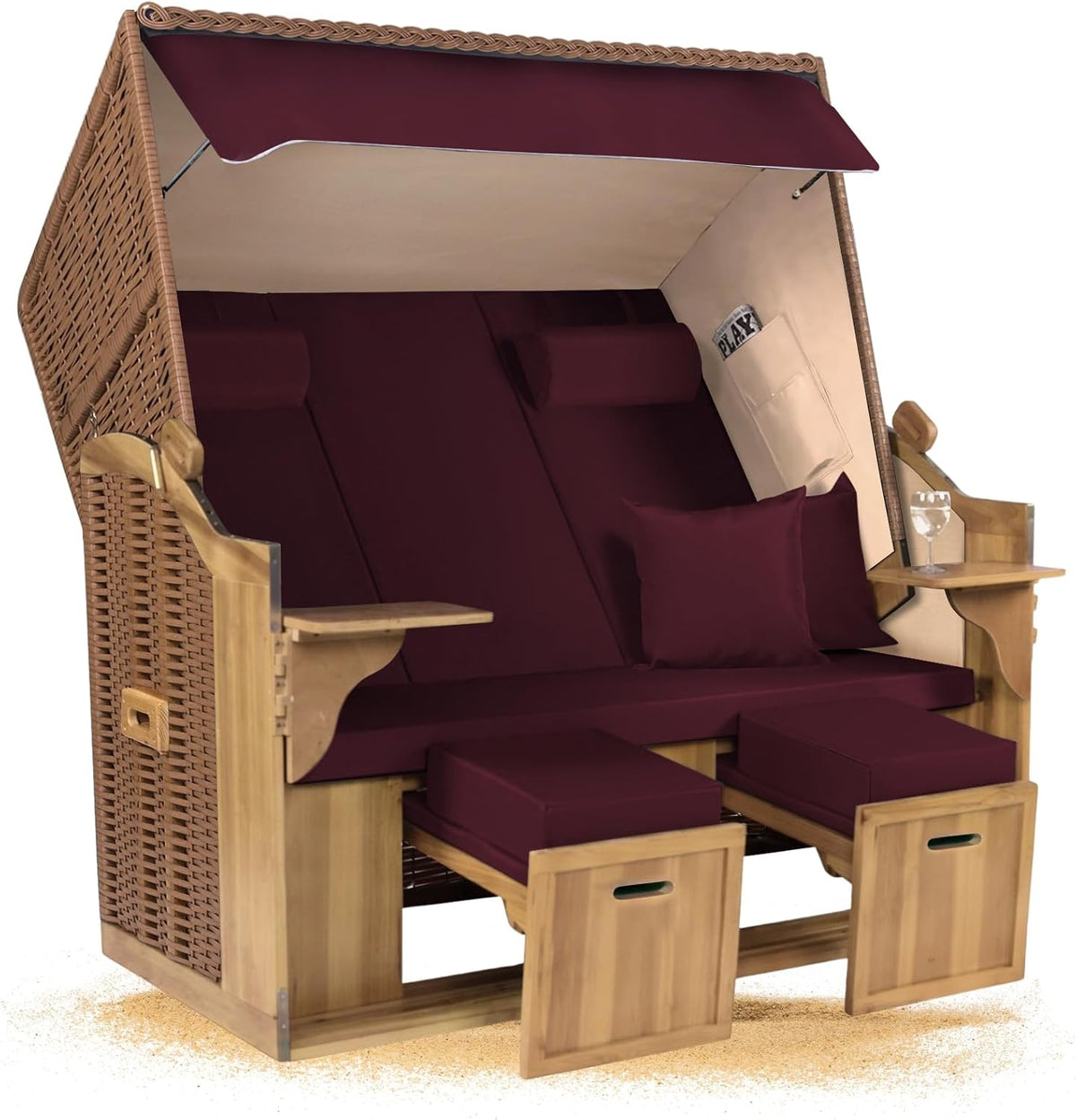 Strandkorb Hanse Terrassen Sitzmöbel, 150 cm, Rot/Beige, Ostsee XXL 2, 5 Sitzer Volllieger Natur Beige breit, Terrasse und Balkon (Rot Uni