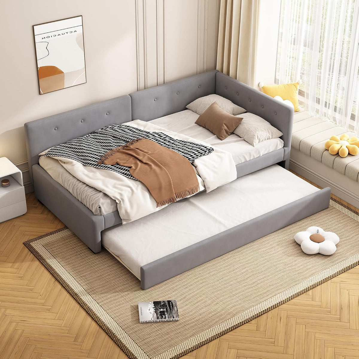 RIAZOS Matratze, 90 x 200 cm, Grau, Polsterbett Schlafsofa 90x200 cm, Einzelbett mit Ausziehbett, L-förmiges Gästebett Daybett Tagesbett