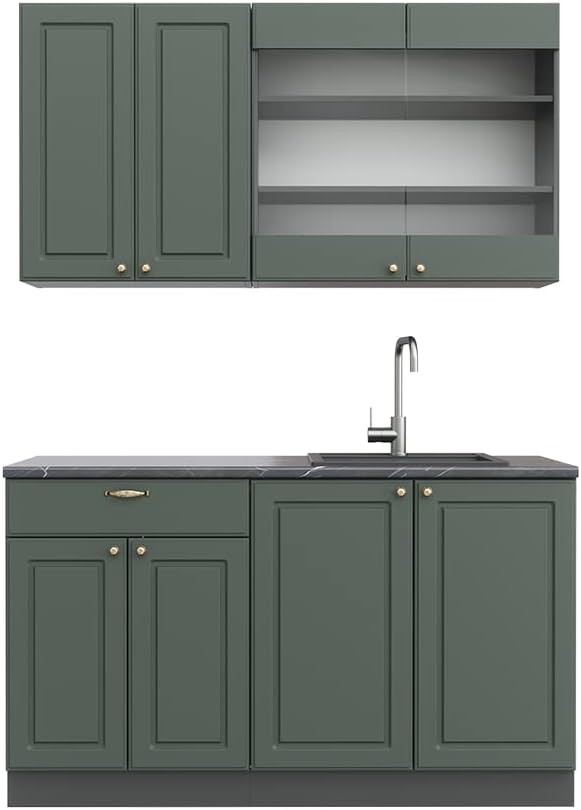 Vicco Küchenzeile, 140 cm, Grün/Anthrazit, Singleküche Fame-Line, Grün-Gold Landhaus/Anthrazit, ohne Arbeitsplatte