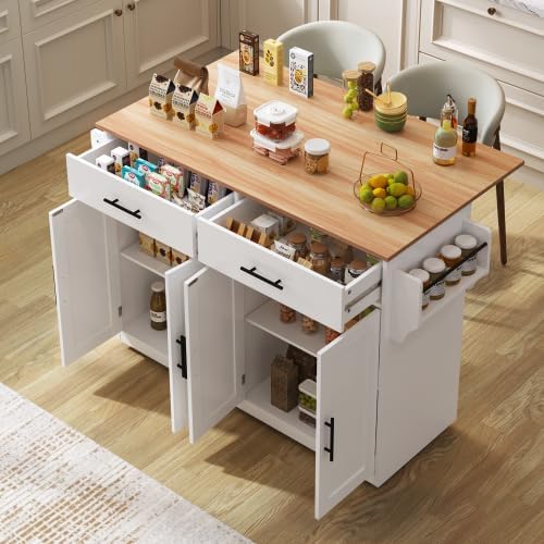 Huayz Sideboard, Weiss/Holz, Kücheninsel Küchenschrank mit arbeitsplatte mit Klappbarer, 120x46(70) x91 cm, mit Rollen und austauschbaren Holzbeinen