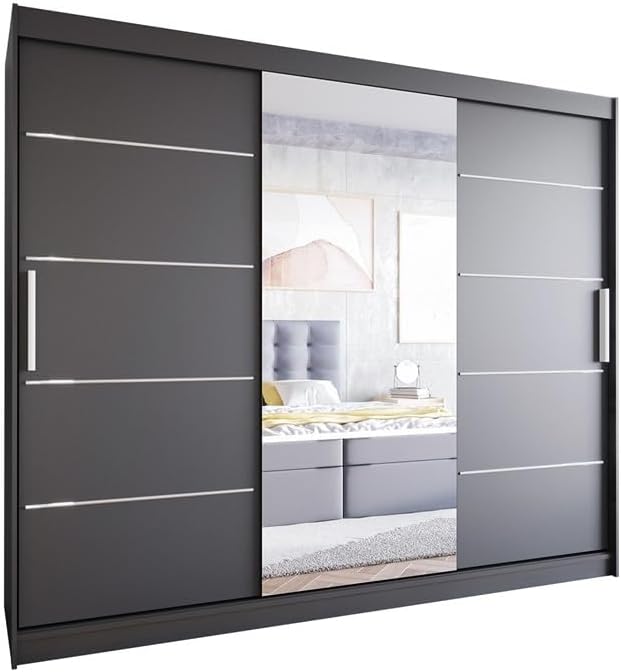 Kleiderschrank Easy4You, 250x215x58 cm, 250 cm, Schwarz, LVI Schiebetüren mit Spiegel - Schlafzimmermöbel, Aufbewahrung - Mehrzweckschrank