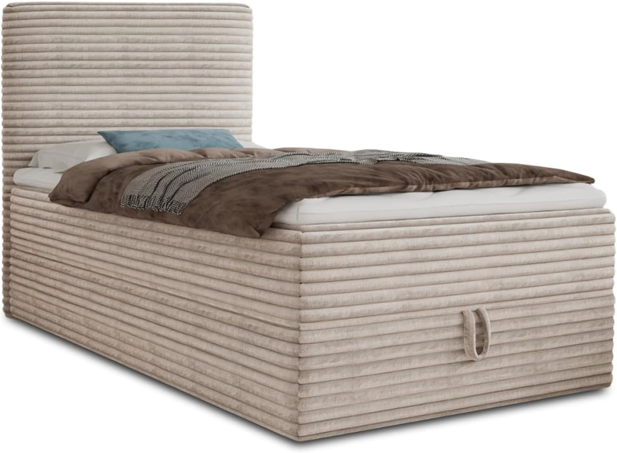 Sofnet Boxspringbett, 120 x 200 cm, Beige, Mollo Mini mit Bettkasten und Matratzentopper - Einzelbett, Polsterbett in weichem Cordstoff