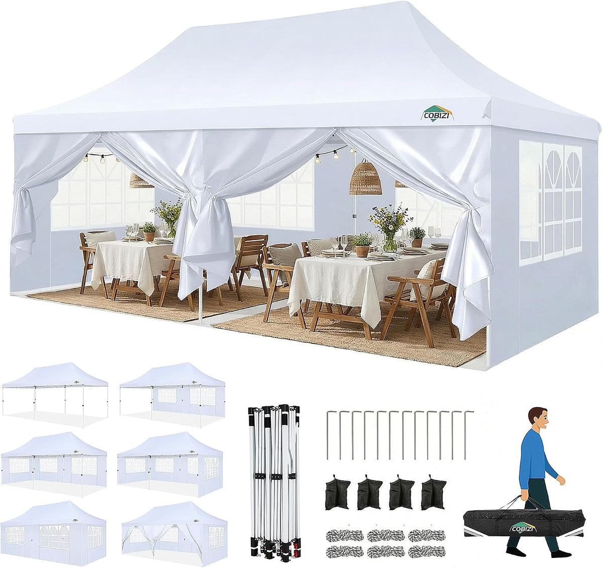 COBIZI Pavillon, Weiss, Faltpavillon 3X6, 3x6m Wasserdicht Stabil Winterfest, Faltbar Partyzelt mit 6 Seitenwänden & 4 Sandsack Pop up