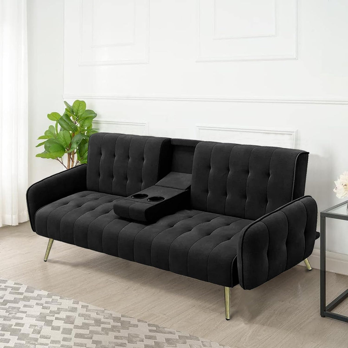 Sofa HTI living, Schwarz, mit Knopfsteppung Schlafsofa Zweisitzer klappbare