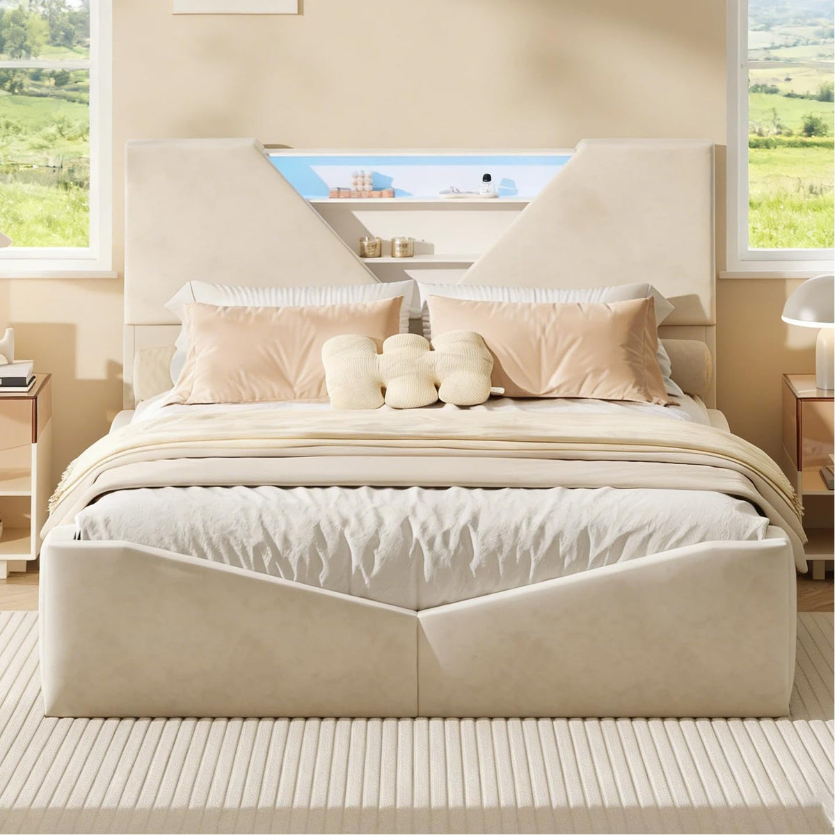 BRILVERDE Bettrahmen, 160 x 200 cm, Holz + Samt + Metall., Beige, Polsterbett 160x200 mit Stauraum, Unterbett-Stauraum