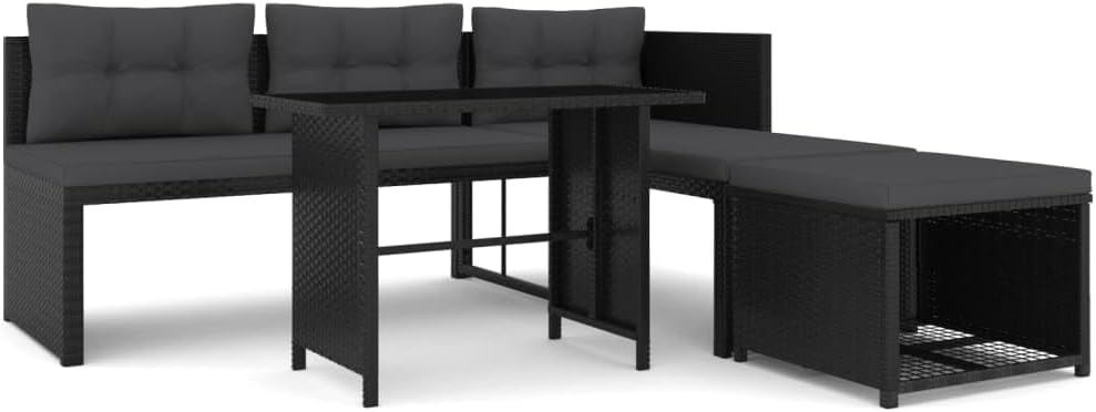 Sofa vidaXL, PE-Rattan + Glasplatte + pulverbeschichtetes Stahlgestell, Schwarz