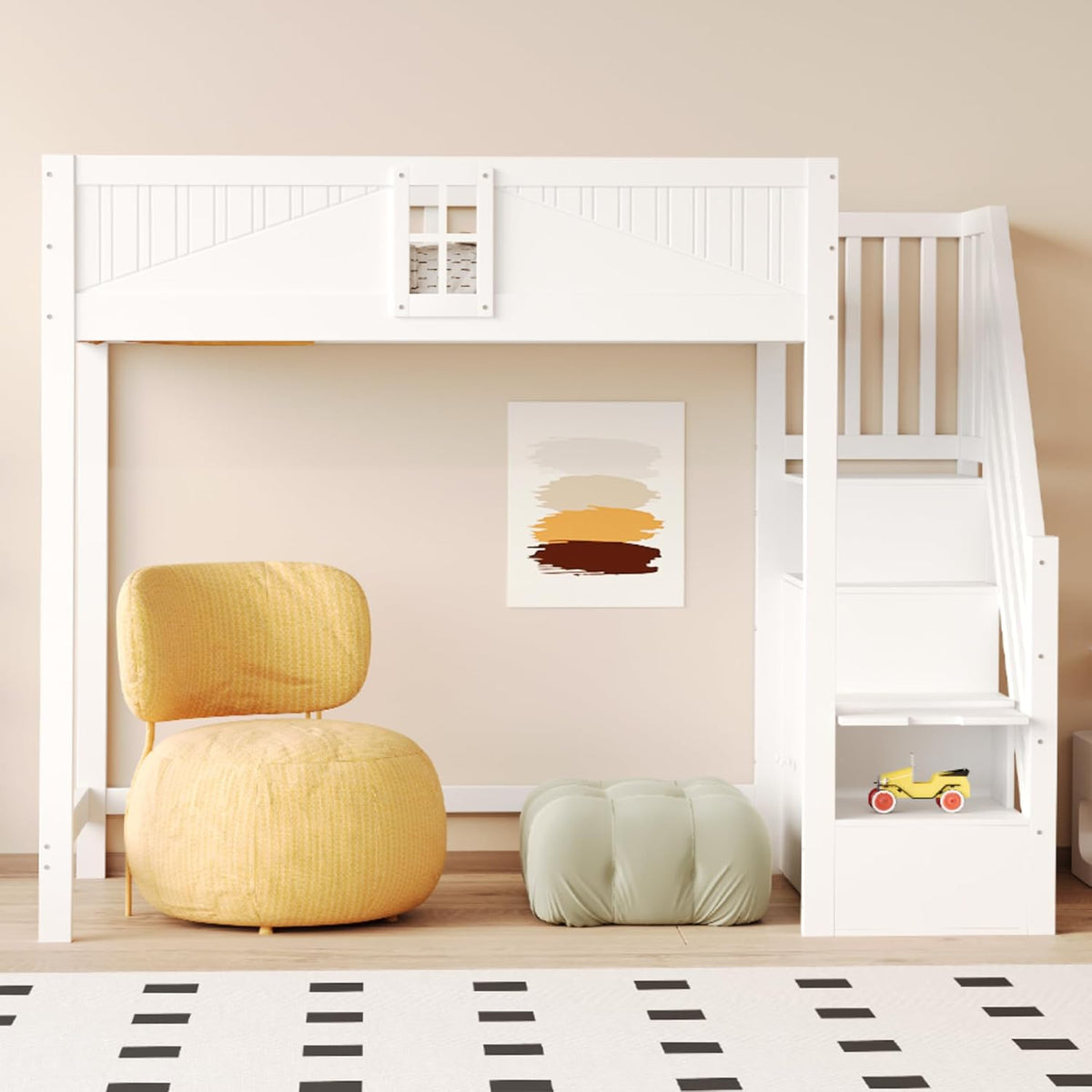 Arhatreya Bett, 90 x 200 cm, Weiss, Hochbett 90x200 cm, Kinderbett mit Sicherheitstür, Holzbett mit Stauraum, Treppen Links Oder Rechts Austauschbar