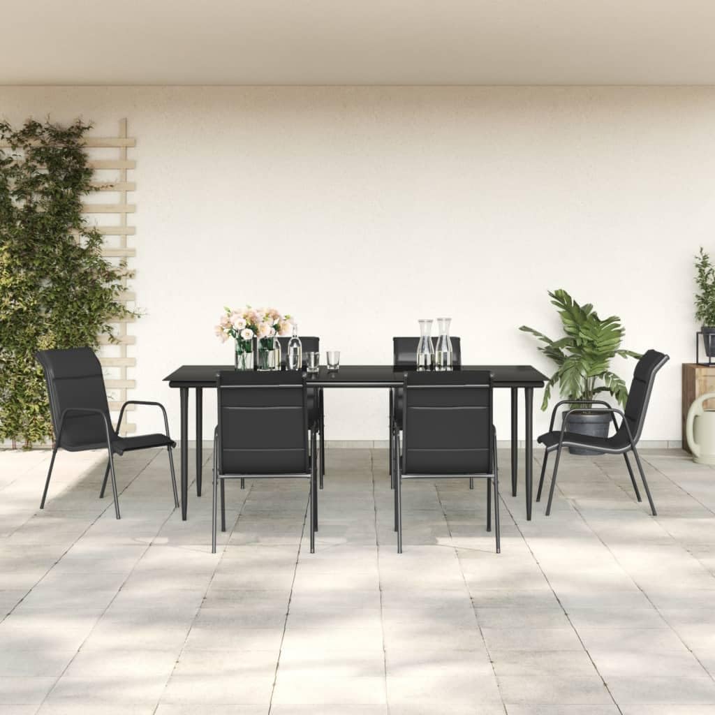 Tonture Essgruppe, 200x100x74 cm, Pulverbeschichteter Stahl, gehärtetes Glas, Schwarz