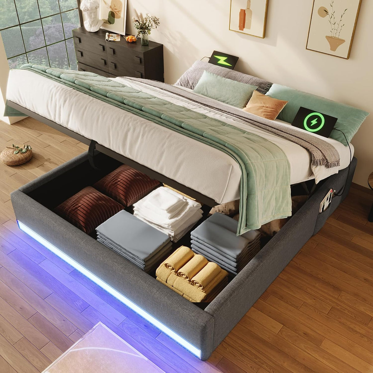 boorbin Matratze, 140 x 200 cm, Grau/Weiss/Grün, Polsterbett, 140 * 200 cm, Fernbedienbare LED-Leiste, Mit USB und Typ-C