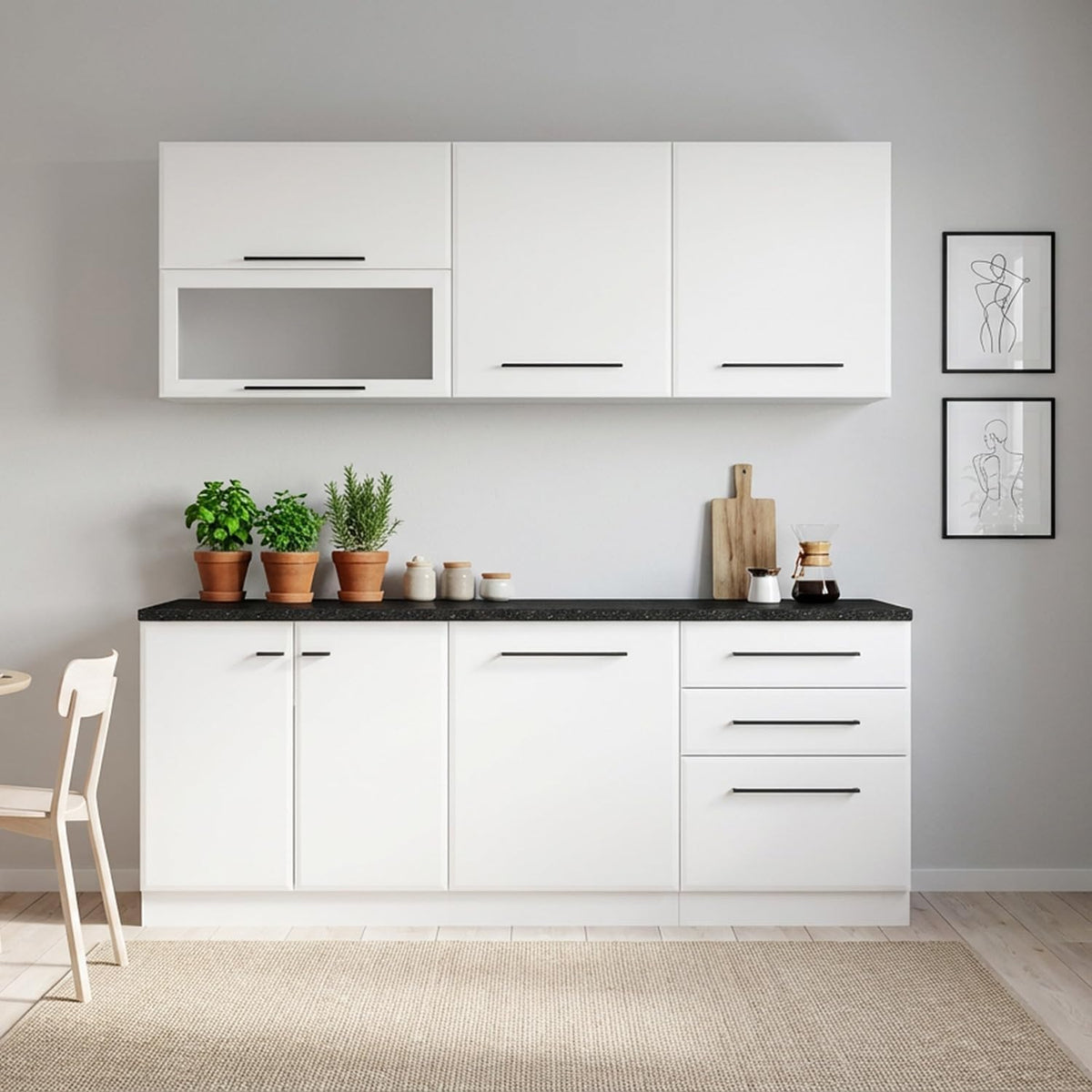 Homestyle4u Küchenzeile, 200 cm, Weiss/Schwarz, mit Arbeitsplatte in Weiss&Schwarz, Küchenmöbel, Geschirrspülernische
