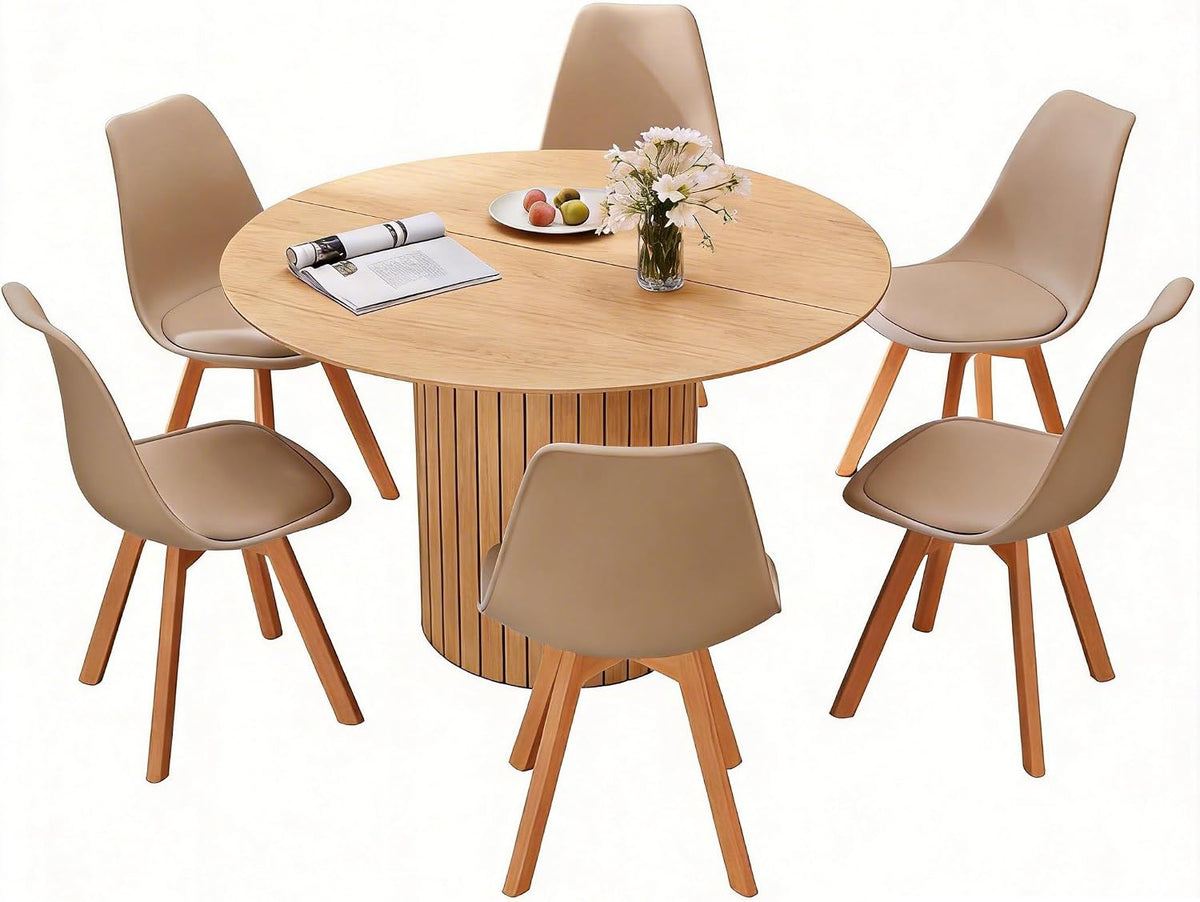 HJhomeheart Essgruppe, 120 cm, Hellbraun/Khaki, runder Esstisch mit 6 Esszimmerstühlen, runder Küchentisch mit Holzfuss