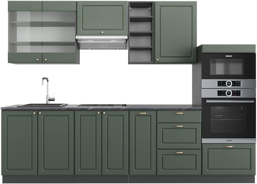 Vicco Küchenzeile, 280 cm, Grün/Anthrazit, Fame-Line, Grün-Gold Landhaus/Anthrazit, AP Anthrazit
