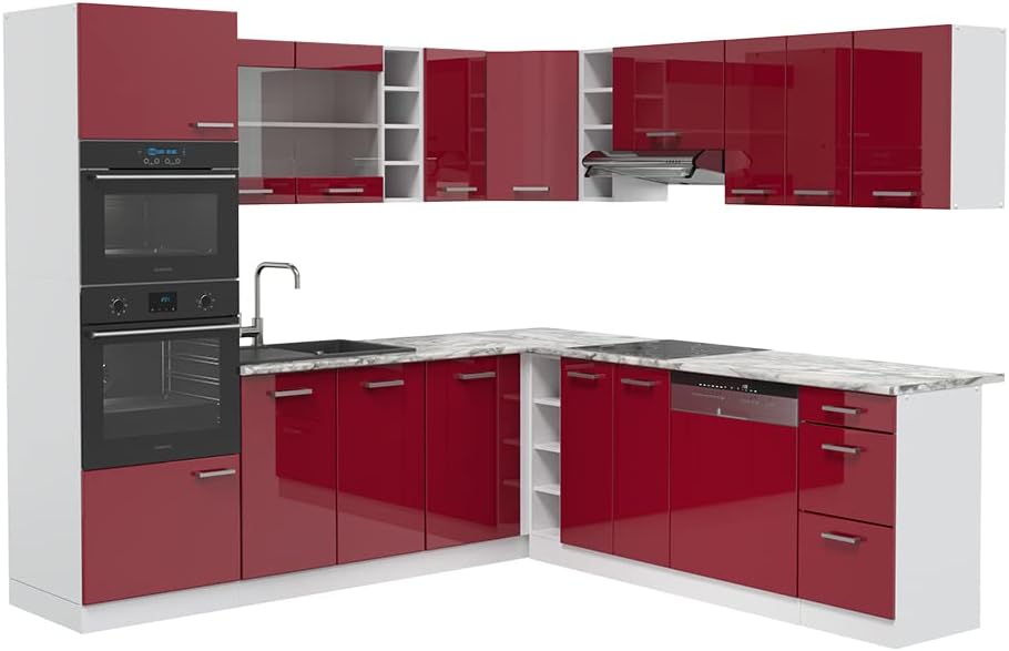 Vicco Küchenzeile, 247 x 46 cm, Die Winkelküche besteht aus pflegeleichter Spanplatte 16 mm, mit einer Melaminharzbeschichtung, Rot