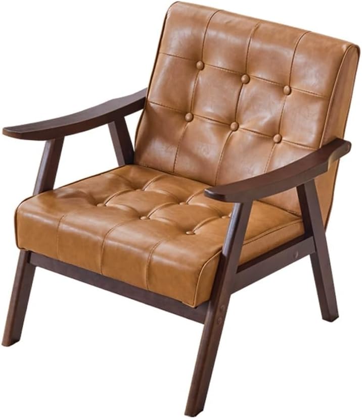 Freizeit Sofa, 65 x 68 x 70 cm/25,5 x 26,7 x 27,5 Zoll, Leder, Holz, Braun, Sessel mit Lederpolsterung und Knöpfen