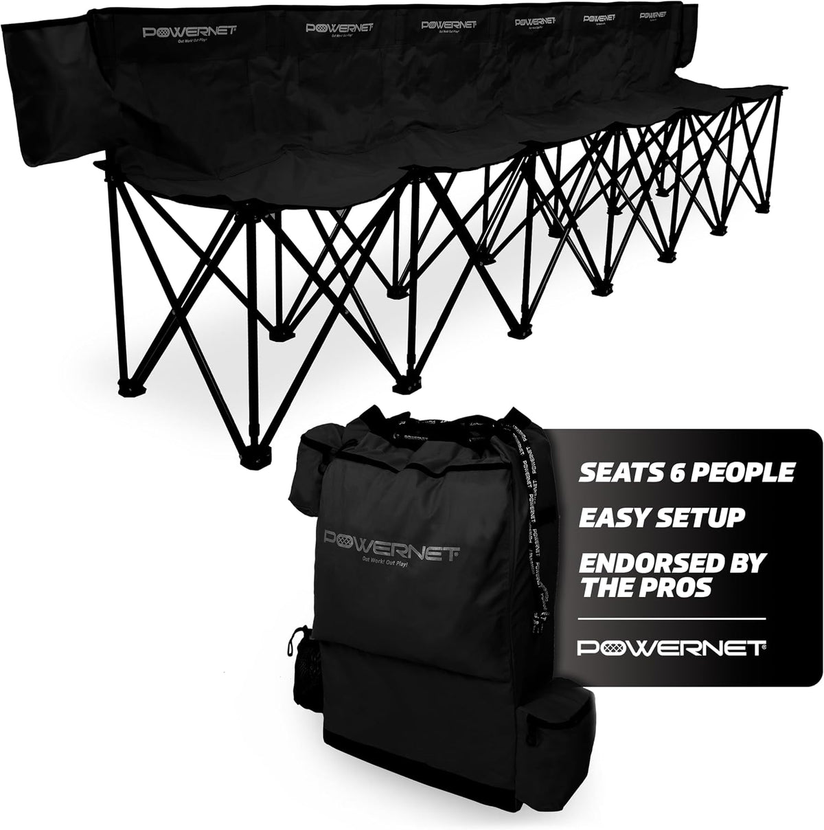 PowerNet Stadionsitze & -polster, Schwarz, Carli Lloyd 6 Seater Team Bench, Backpack Style Carry Bag Included, Ultra Portable