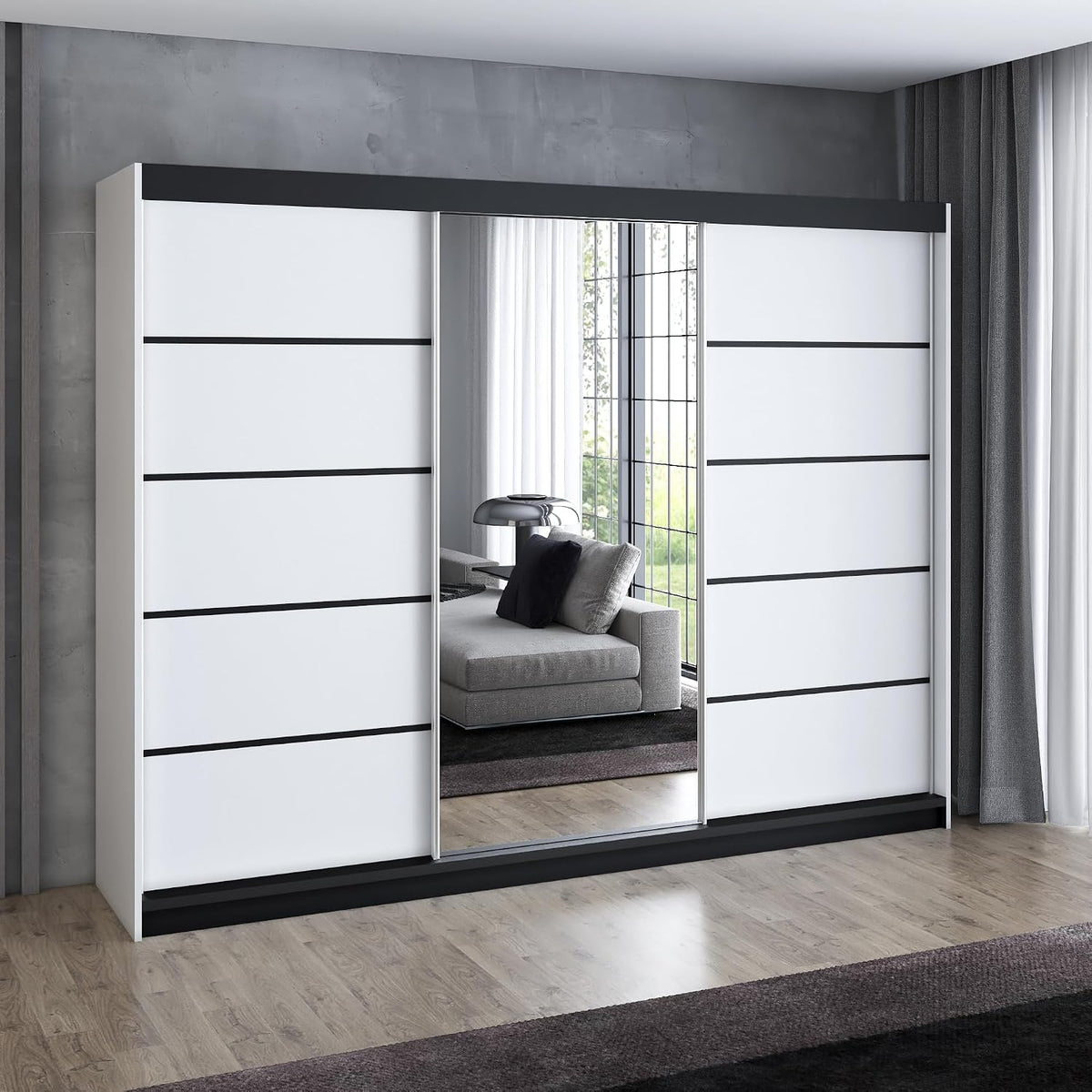 Kleiderschrank A&J MöbelLand, 200 cm, Weiss/Schwarz, Schlafzimmerschrank, Schwebetürenschrank VILUNO 4 3-türig mit Spiegel