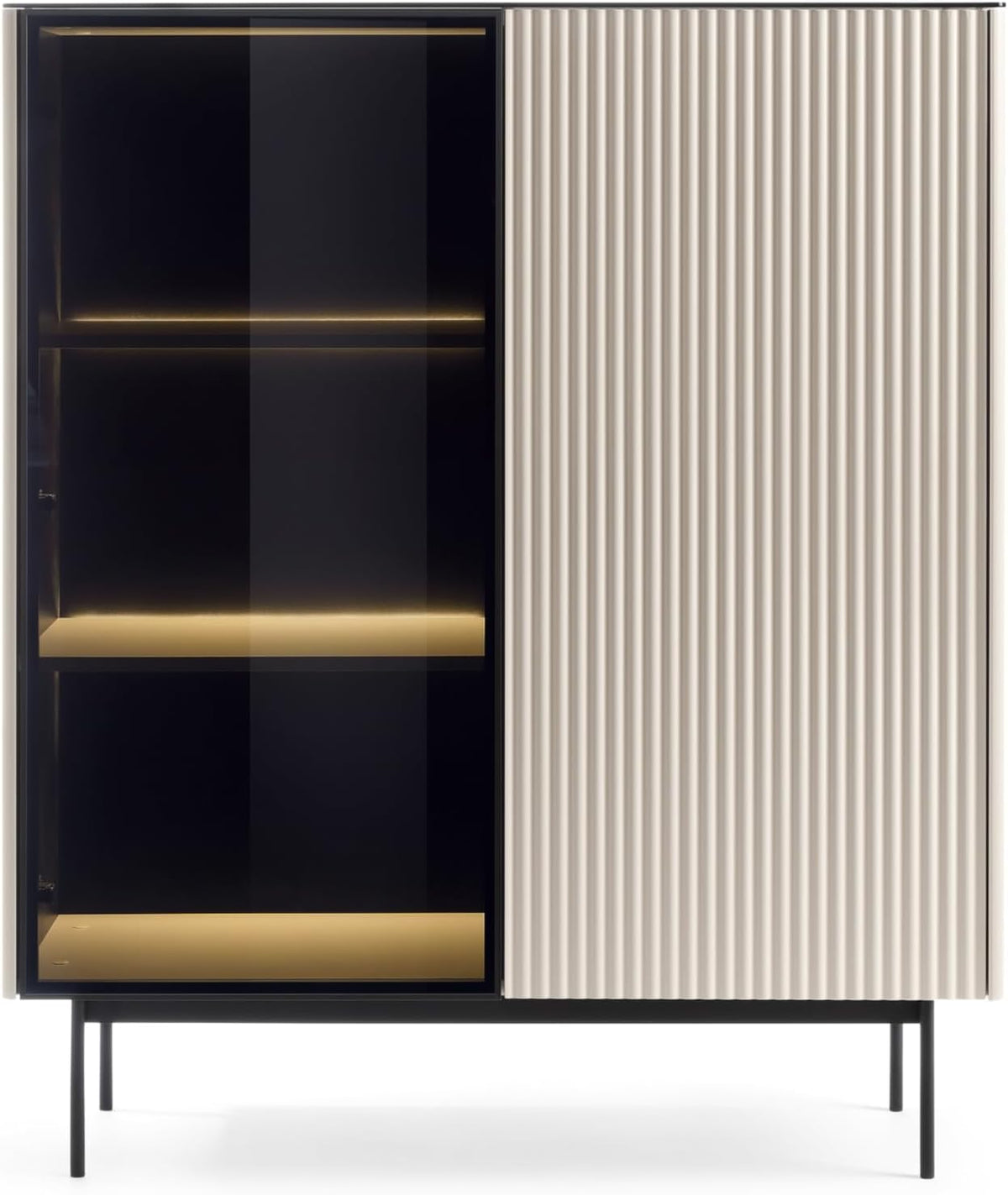 Masseno Vitrine, 107,1x39x106,6 cm, Laminierte Spanplatte, Kaschmir/Schwarz, Glasvitrine Velluto Standvitrine, Wohnzimmer