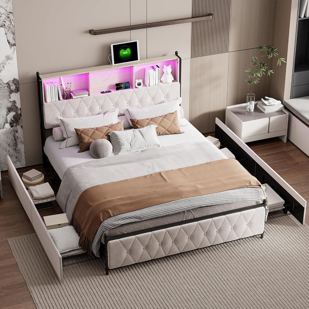 BLSYHDH Bett, Beige, Polsterbett Doppelbett 140 x 200, mit Bettkasten, Holz Stauraumbett, Funktionsbett mit Kopfteil