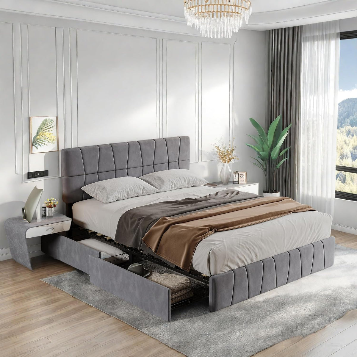 KRYZOR Bett, 160x200 cm, 160x200 cm, Grau, mit Stauraum mit 4 Schubladen, Polsterbett Doppelbett mit Verstellbares Kopfteil