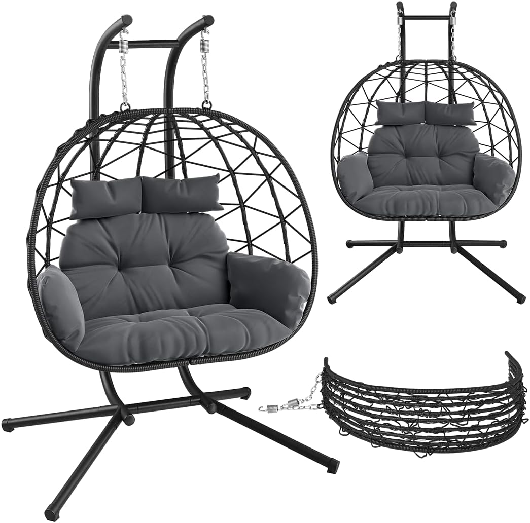 Hängesessel STEELSØN, 220 kg, Schwarz, Alarian 2 Personen, Hängestuhl Rattan Outdoor & Indoor mit Kissen, XXL-Sessel höhenverstellbar