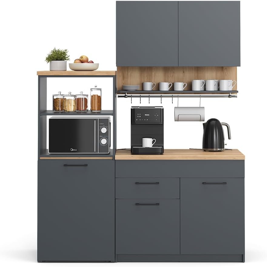 Vicco Küchenzeile, 160 cm, Die Singleküche besteht aus pflegeleichter, melaminharzbeschichteter 16 mm Spanplatte., Anthrazit/Holz