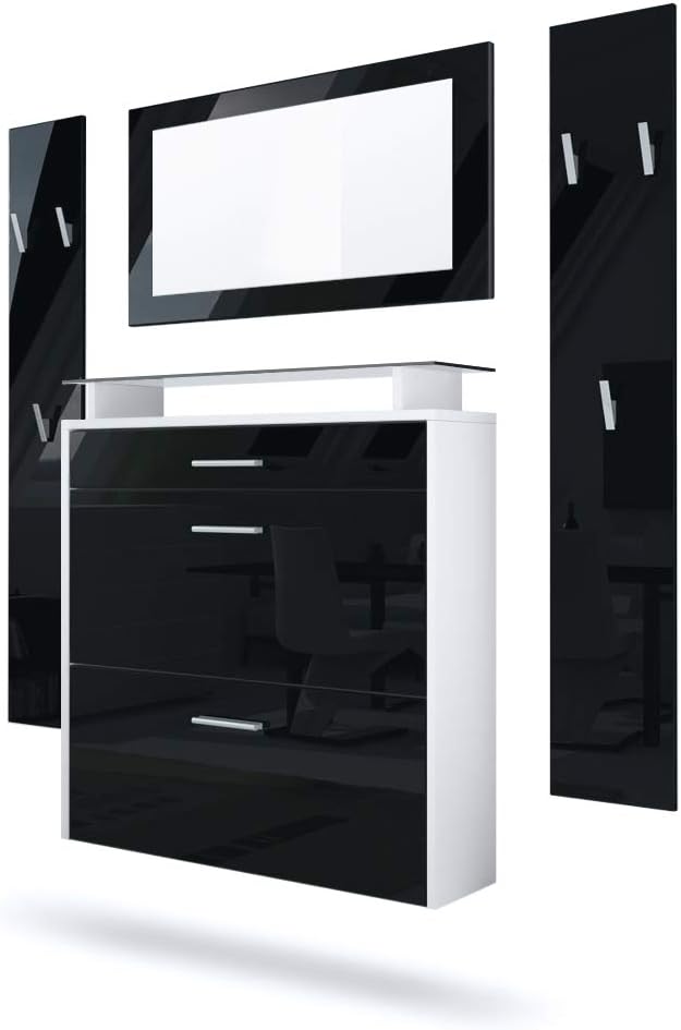 Vladon Schuhschrank, Weiss/Schwarz, Garderobe Malea, Garderobenset bestehend aus 1 Hängeschuhschrank, 1 Wandspiegel und 2 Garderobenpaneele