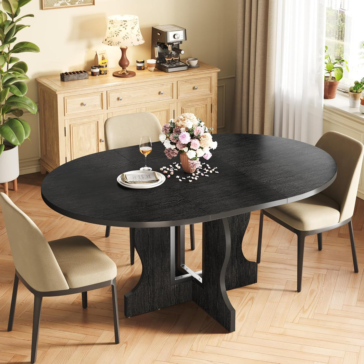 Mondeer Esstisch, 150 cm, Schwarz, Rund Ausziehbar, 110- Esszimmertisch Oval für 4 bis 8 Personen mit, für Küche Restauran
