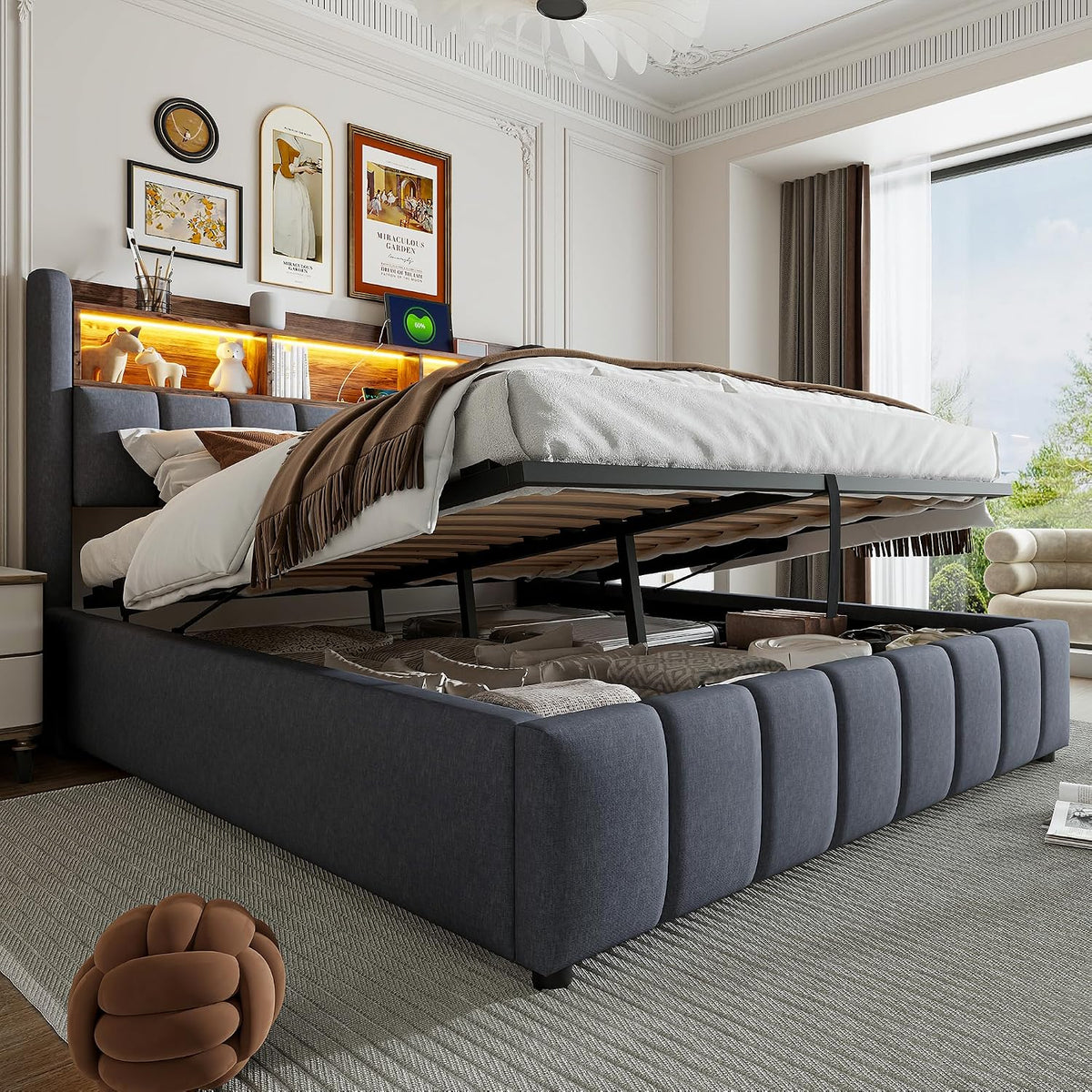 Laxnb Matratze, 180x200 cm, Grau, Bett Polsterbett Doppelbett, Jugendbett Betten mit Stauraum, Kopfteil mit LED&USB und Regal