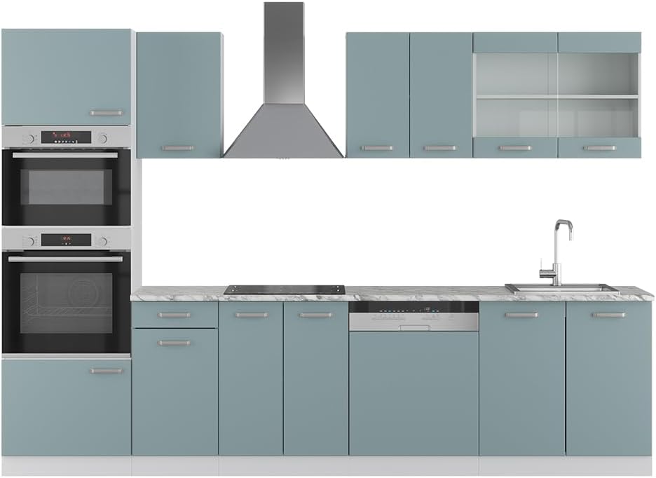 Vicco Küchenzeile, 300 cm, Der Küchenblock besteht aus pflegeleichter, melaminharzbeschichteter 16 mm Spanplatte., Blau-Grau