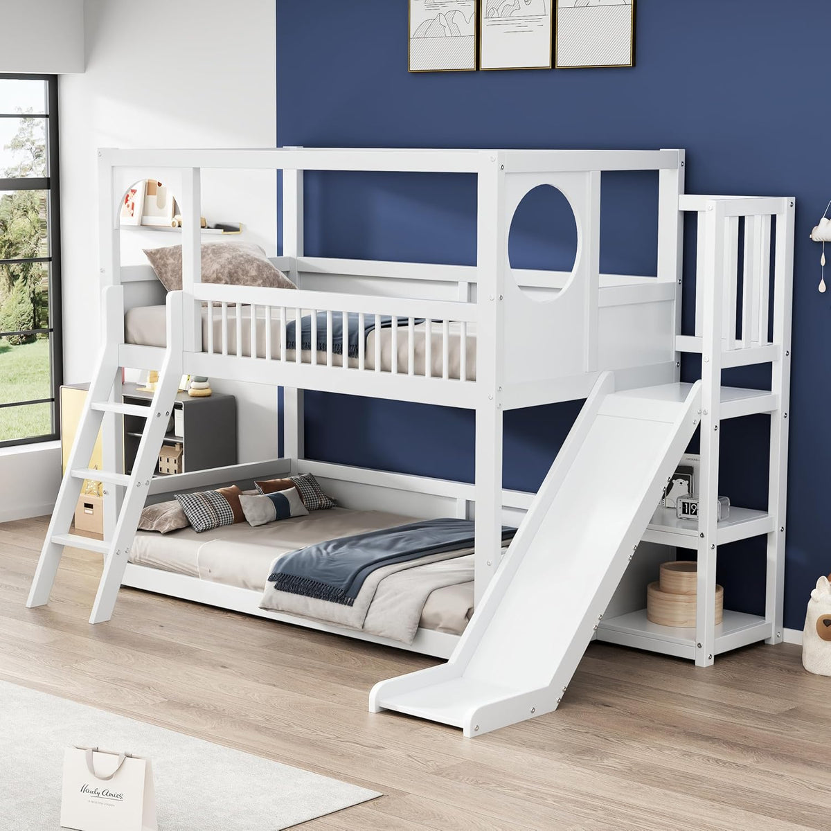 Merax Matratze, 90x200 cm, Weiss, Etagenbett mit Rutsche, Kinderbett mit Regal & Sicherheitsleiter, Hochbett mit Stauraum